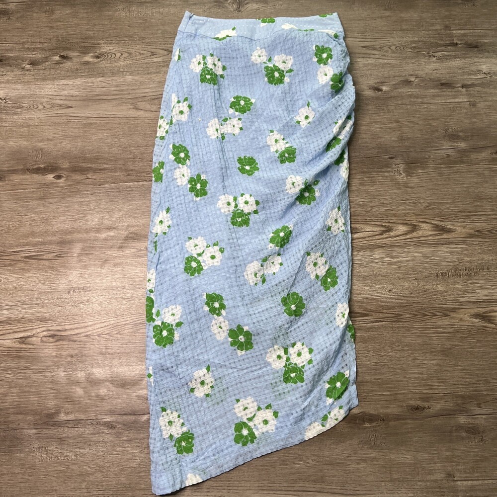 NWT Smythe Floral Maxi Skirt Blue Ruched Waist Side Zip Womens 0 Designer Luxury